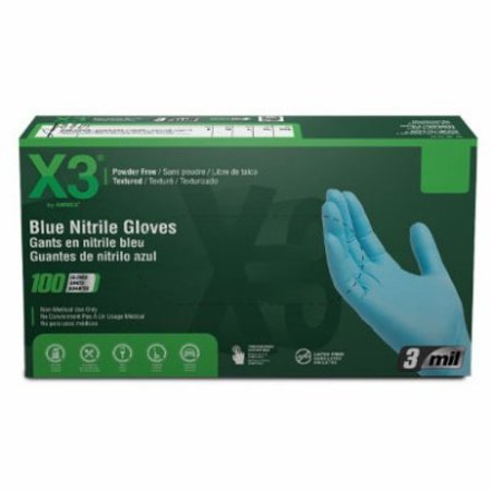 AMMEX X3, Nitrile Disposable Gloves, 3 mil Palm, Nitrile, Powder-Free, XL, Blue X348100